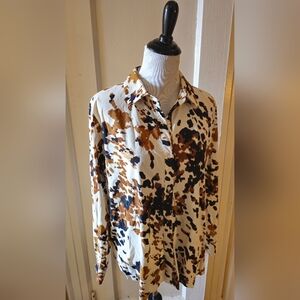 Lysse Women's Abstract Patterned Brown and Black Shirt Top Size XL